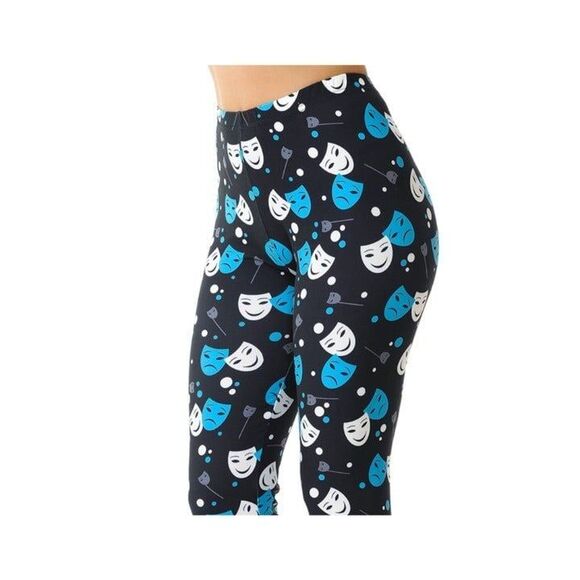 Plus Size All Over Blue and White Comedy‎ Tragedy Mask Legging Print - Picture 1 of 9